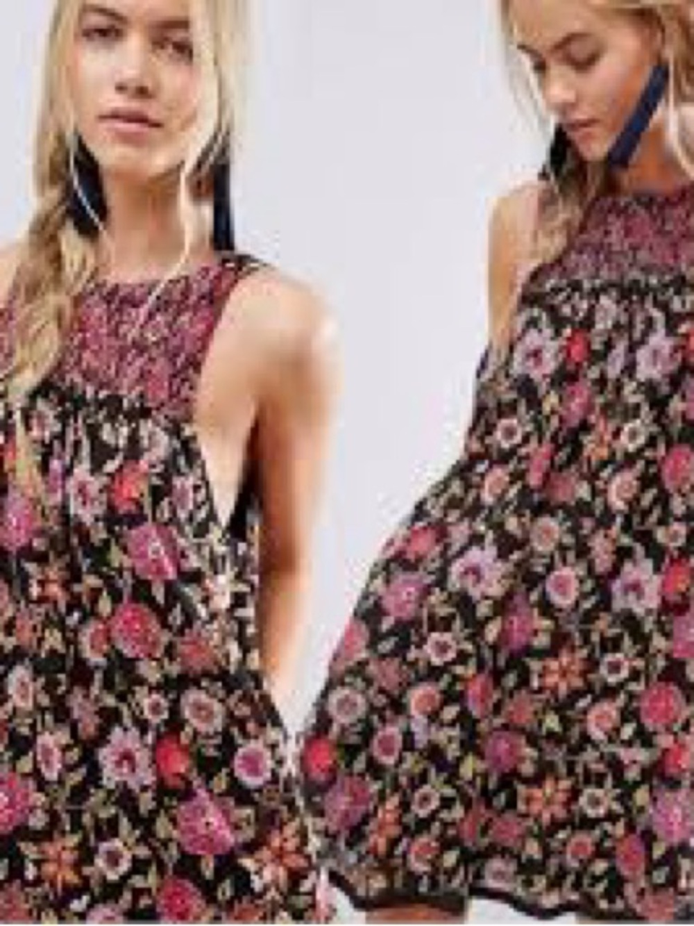 Free People Black Mini Dress with Pink Floral Print